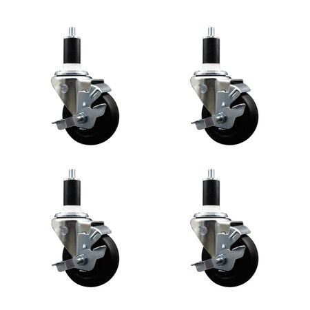 Service Caster 3.5'' SS Soft Rubber Swivel 1-3/8'' Expanding Stem Caster Set with Brake, 4PK SCC-SSEX20S3514-SRS-TLB-138-4